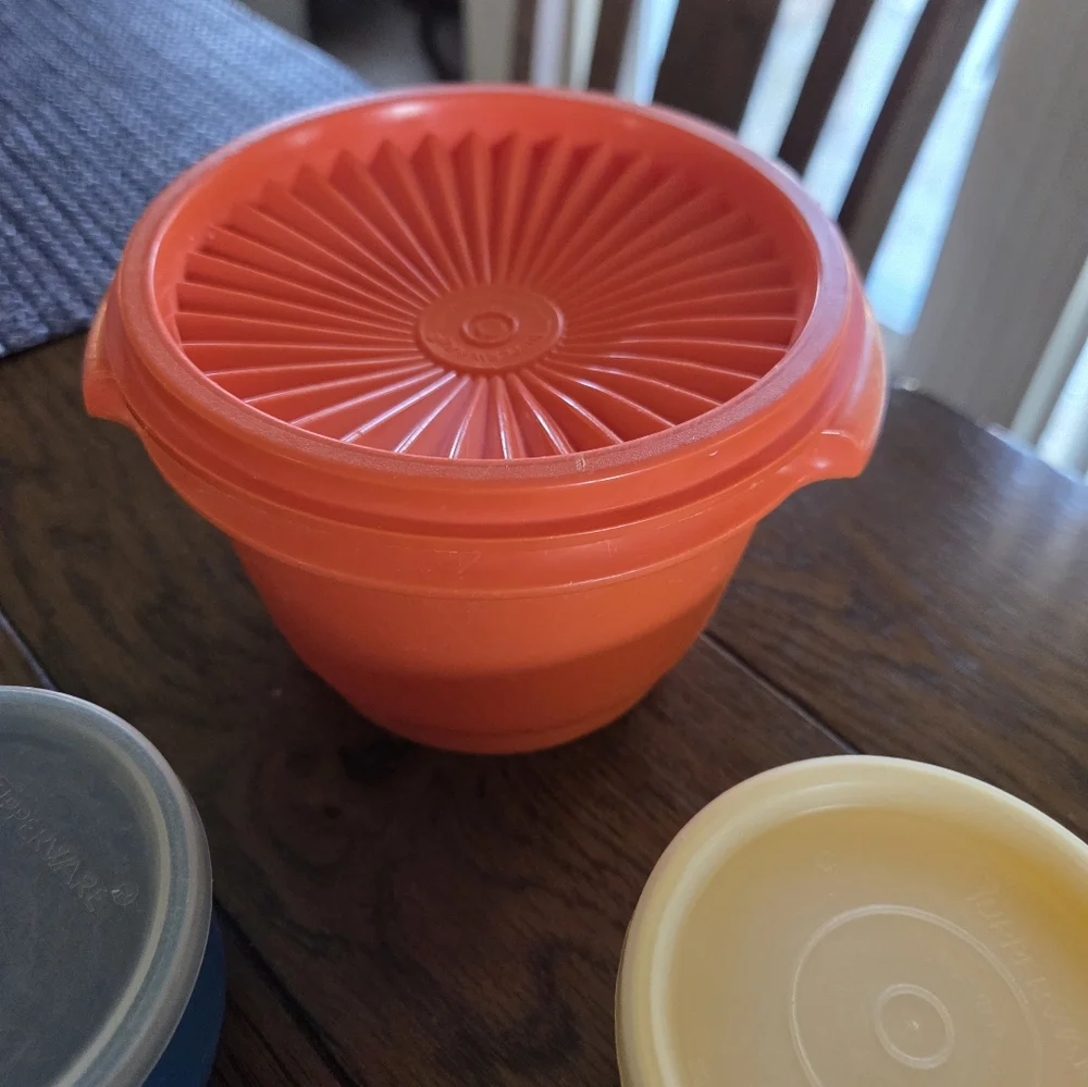 Colorful vintage Tupperware.  2 snack cups One 20 oz storage bowl.